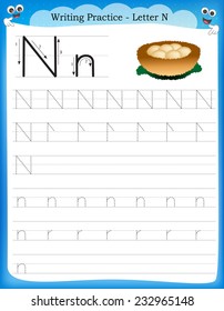 Writing practice letter N  printable worksheet with clip art for preschool / kindergarten kids to improve basic writing skills 