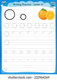 Writing practice letter O  printable worksheet with clip art for preschool / kindergarten kids to improve basic writing skills 