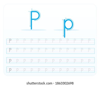 Writing practice letter P printable, kindergarten kids to improve basic writing skills, 