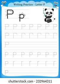 Writing practice letter P  printable worksheet with clip art for preschool / kindergarten kids to improve basic writing skills 