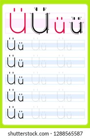 Writing practice letter Üü printable worksheet for preschool / kindergarten kids to improve basic writing skills - Vector. AI