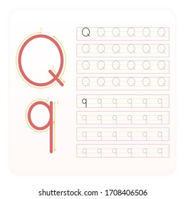 Writing practice letter Q printable, kindergarten kids to improve basic writing skills,