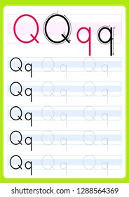 Writing practice letter Qq printable worksheet for preschool / kindergarten kids to improve basic writing skills - Vector. AI
