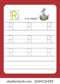 Escrevendo a carta de prática R | R PARA COELHO - Planilha imprimível para crianças pré-escolares e do jardim de infância | Alfabetos pontilhados para habilidades de rastreamento e manuscrito