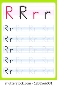 Writing practice letter Rr printable worksheet for preschool / kindergarten kids to improve basic writing skills - Vector. AI