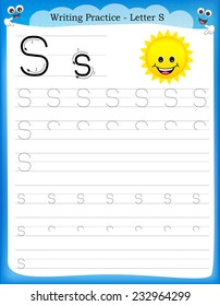 Writing practice letter S  printable worksheet with clip art for preschool / kindergarten kids to improve basic writing skills 