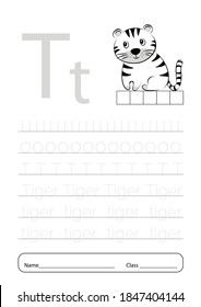 Writing practice letter T printable worksheet for preschool.Exercises for little children.Vector illustration.