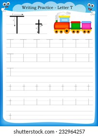 Writing practice letter T  printable worksheet with clip art for preschool / kindergarten kids to improve basic writing skills 