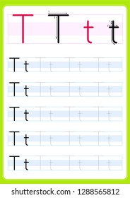 Writing practice letter Tt printable worksheet for preschool / kindergarten kids to improve basic writing skills - Vector. AI