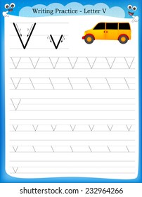 Writing practice letter V  printable worksheet with clip art for preschool / kindergarten kids to improve basic writing skills 