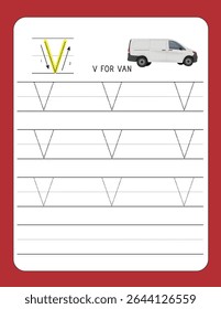 Letra de práctica de escritura V | V FOR VAN – Hoja de trabajo imprimible para preescolar y jardín de infantes | Alfabetos punteados para habilidades de rastreo y escritura a mano