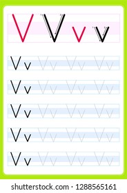 Writing practice letter Vv printable worksheet for preschool / kindergarten kids to improve basic writing skills - Vector. AI