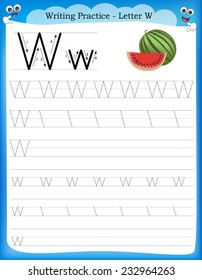 Writing practice letter W  printable worksheet with clip art for preschool / kindergarten kids to improve basic writing skills 