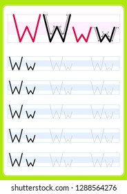 Writing practice letter Ww printable worksheet for preschool / kindergarten kids to improve basic writing skills - Vector. AI