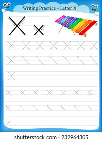 Writing practice letter X  printable worksheet with clip art for preschool / kindergarten kids to improve basic writing skills 