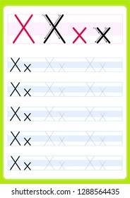 Writing practice letter Xx printable worksheet for preschool / kindergarten kids to improve basic writing skills - Vector. AI