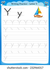 Writing practice letter Y  printable worksheet with clip art for preschool / kindergarten kids to improve basic writing skills 