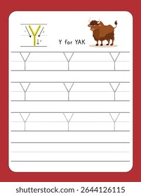 Writing Practice Letter Y | Y FOR YAK – Printable Worksheet for Preschool and Kindergarten Kids | Dotted Alphabets for Tracing and Handwriting Skills