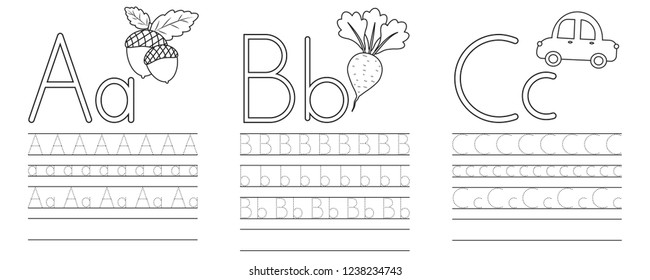 Writing practice of letters A,B,C. Coloring book. Education for children. Vector illustration