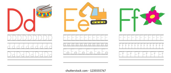 Writing practice of letters D,E,F. Education for children. Vector illustration