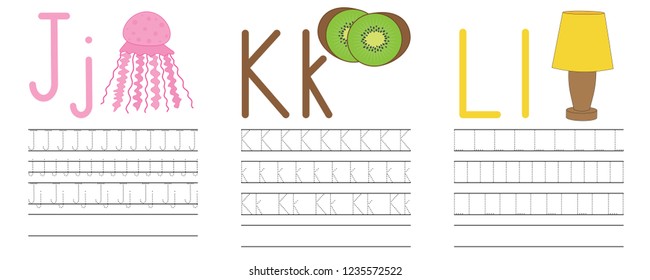 Writing practice of letters J,K,L. Education for children. Vector illustration