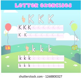 Writing practice of letters Kk. Education for children. Vector illustration - Vektör