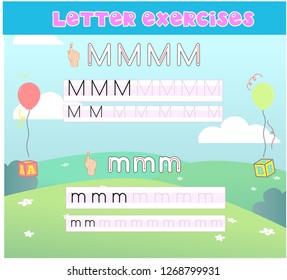 Writing practice of letters Mm. Education for children. Vector illustration - Vektör