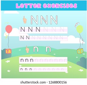 Writing practice of letters Nn. Education for children. Vector illustration - Vektör
