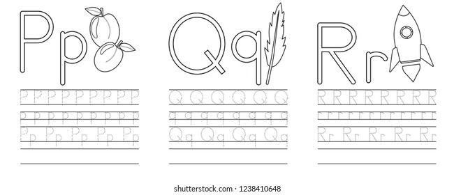 Writing practice of letters P,Q,R. Coloring book. Education for children. Vector illustration