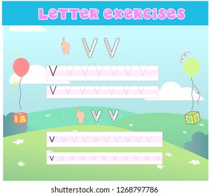 Writing practice of letters Vv. Education for children. Vector illustration - Vektör