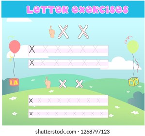 Writing practice of letters Xx. Education for children. Vector illustration - Vektör