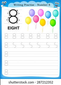 Writing practice number eight printable worksheet for preschool / kindergarten kids to improve basic writing skills