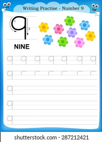 Writing practice number nine printable worksheet for preschool / kindergarten kids to improve basic writing skills