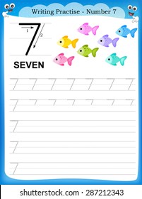 Writing practice number seven printable worksheet for preschool / kindergarten kids to improve basic writing skills