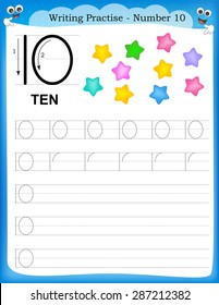 Writing practice number ten printable worksheet for preschool / kindergarten kids to improve basic writing skills