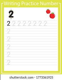 Writing practice number two printable worksheet for preschool. Pictured two apples. Number 2