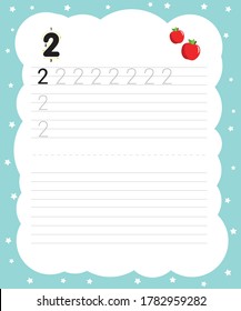 Writing practice number two printable worksheet for preschool. Pictured two apples