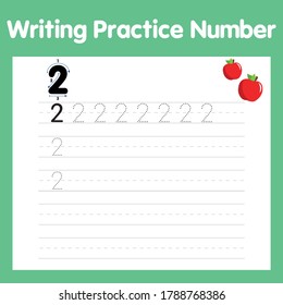 La práctica de escritura número dos hoja de cálculo imprimible para preescolar. Imágenes de dos manzanas. Número 2
