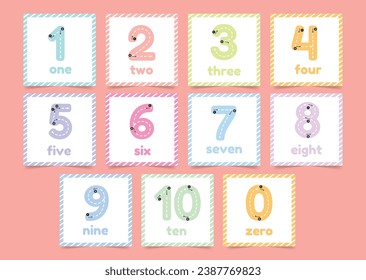 Writing practice with Numbers for kids. Kindergarten flashcards tracing from 1 to 10 vector illustration set
