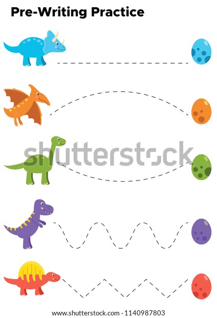 未就学児向けの書き方の練習 かわいい恐竜と卵を使ったトレースラインワークシート ベクターイラスト のベクター画像素材 ロイヤリティフリー 1140987803