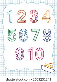 Writing practice. Tracing numbers. From 1 to 10. Educational cards for children