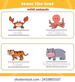 writing practice with wild animals. Worksheet trace the text. Vector illustration
