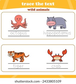 writing practice with wild animals. Worksheet trace the text. Vector illustration