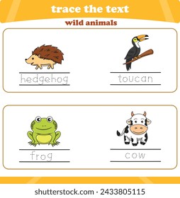 writing practice with wild animals. Worksheet trace the text. Vector illustration