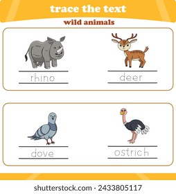 writing practice with wild animals. Worksheet trace the text. Vector illustration