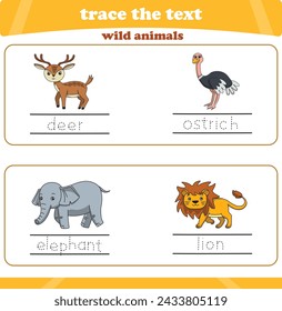 writing practice with wild animals. Worksheet trace the text. Vector illustration