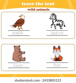 writing practice with wild animals. Worksheet trace the text. Vector illustration
