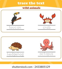 writing practice with wild animals. Worksheet trace the text. Vector illustration