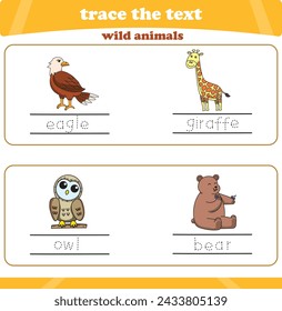 writing practice with wild animals. Worksheet trace the text. Vector illustration