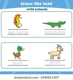 writing practice with wild animals. Worksheet trace the text. Vector illustration